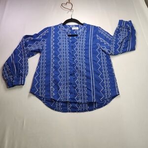 ⭐️Anthropologie Kindred Blue Embroidered Boho Button Up Shirt Size Large